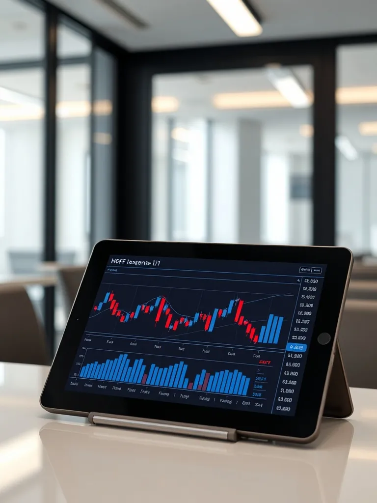 A close up of a tablet screen showing financial bar charts a