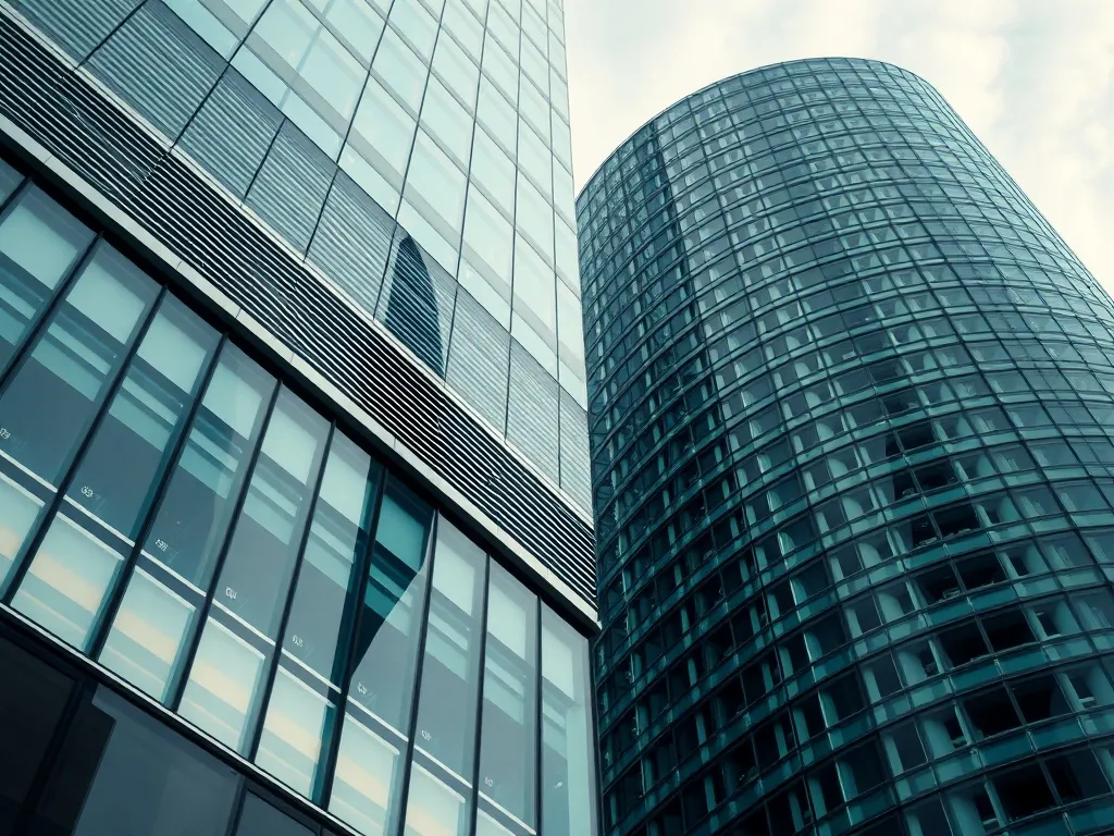 Architectural close-up of a modern glass financial building