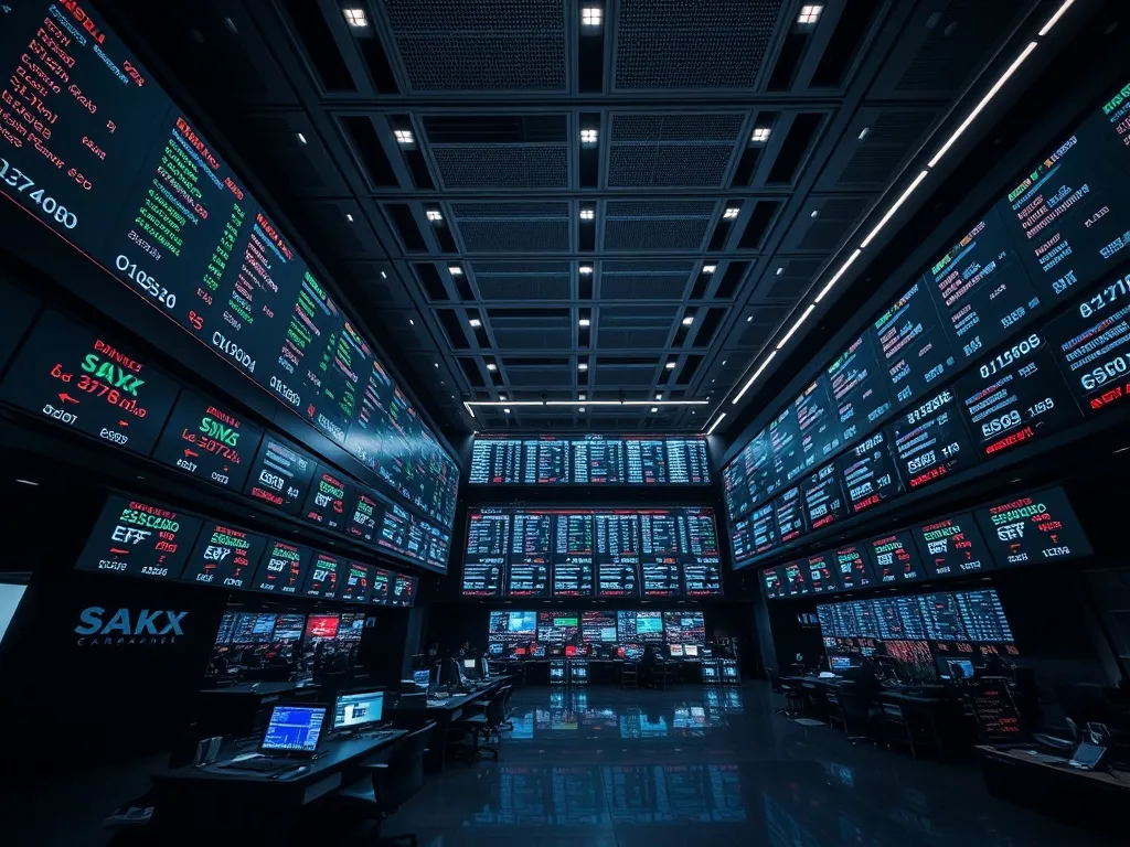 A professional wide shot of a modern financial exchange trad
