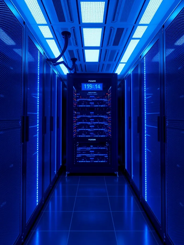 A high-tech server room with blue LED lighting, representing