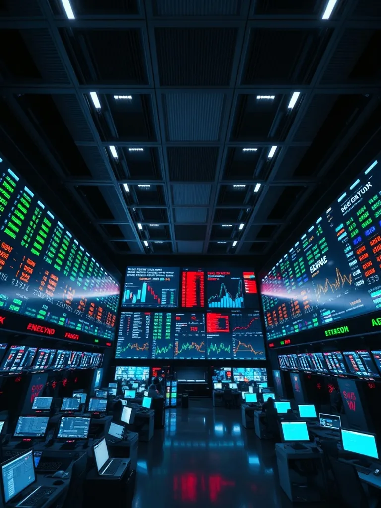 A high-tech financial exchange trading floor with digital sc