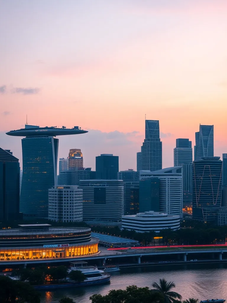 Modern Singapore skyline at dusk, focusing on financial dist