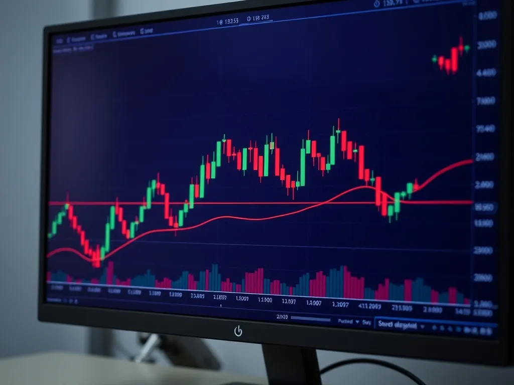 Professional financial candlestick chart on a dark monitor,