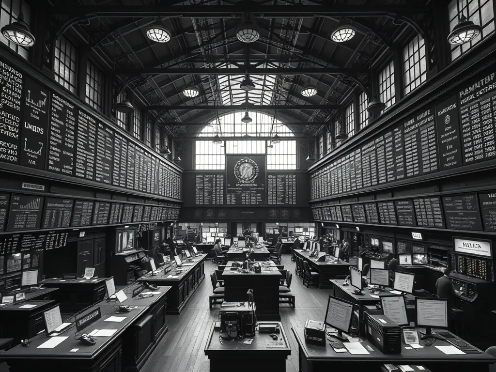 Historical photo of an old trading floor with boards and bro